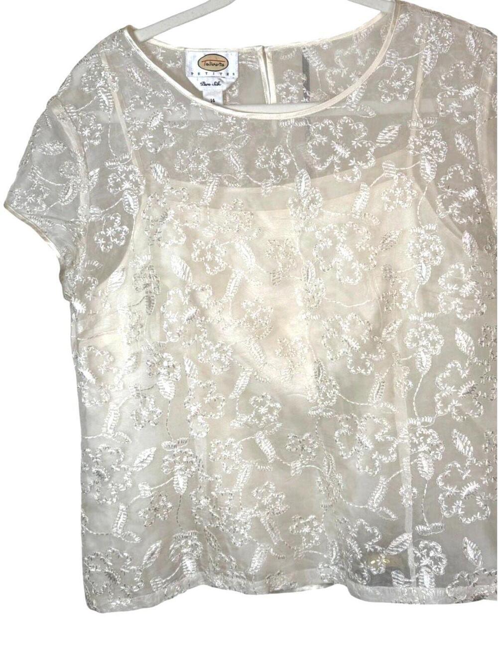 90s VTG 100% Silk Embroidered Lace Top Cream Ivory Sheer Overlay Blouse